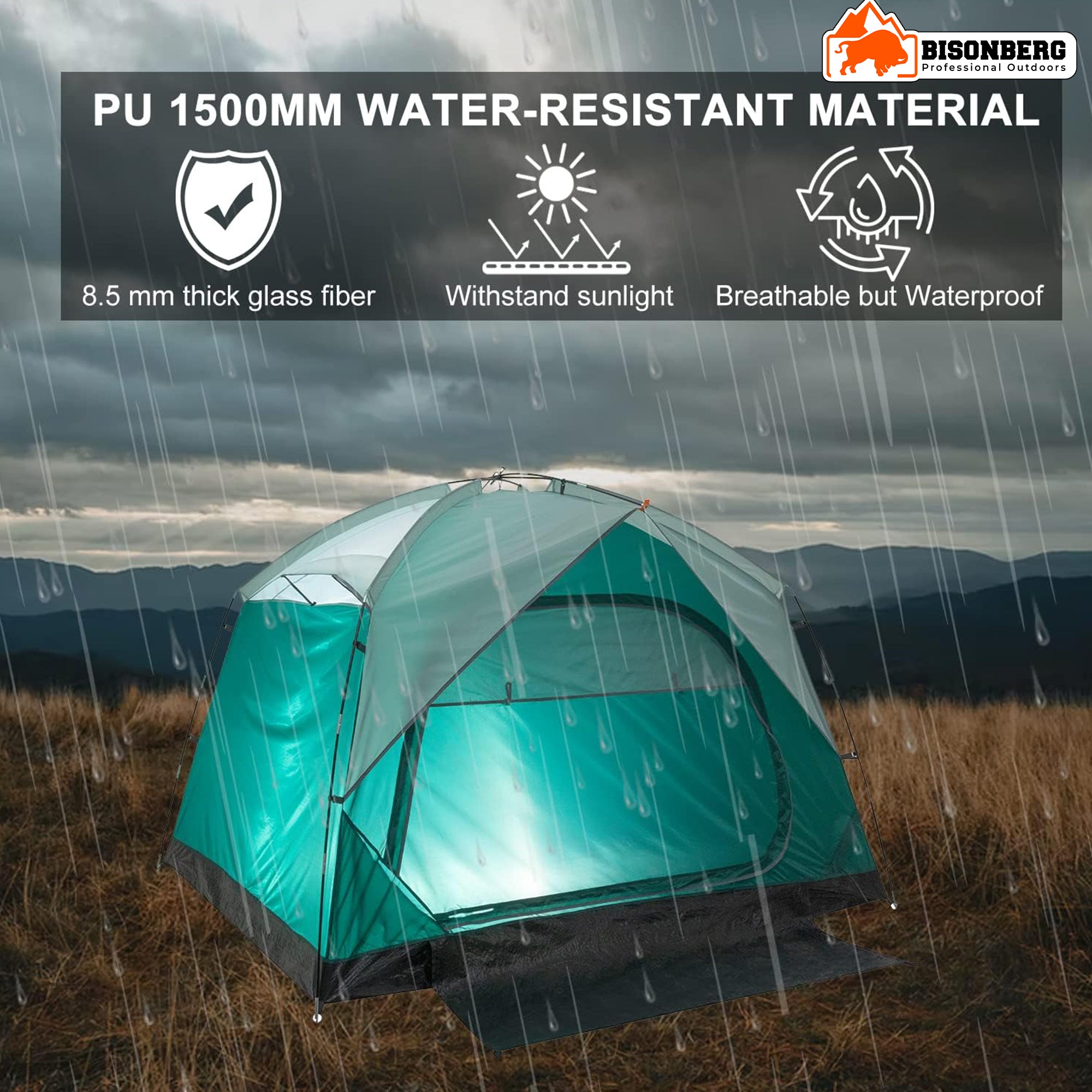 Bisonberg 4 Person Family Camping Tent | Waterproof 1500mm | Breathable Dome Tent with Rainfly & Fiberglass Poles image 2