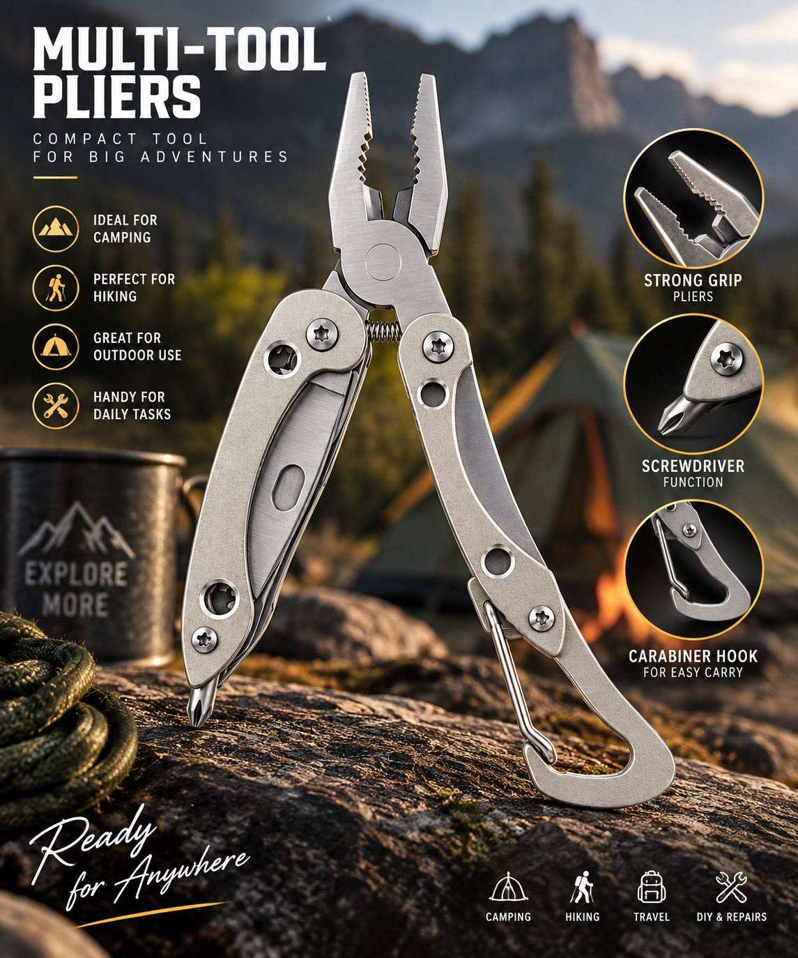 BISONBERG Premium Stainless Steel Compact Multi-Tool | Folding Utility Knife with Carabiner