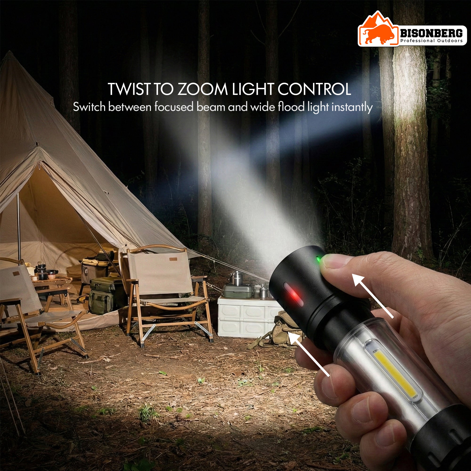 Bisonberg Rechargeable Camping Lantern & Flashlight with COB LED, Type-C Charging, Zoom & Hanging Hook image 3