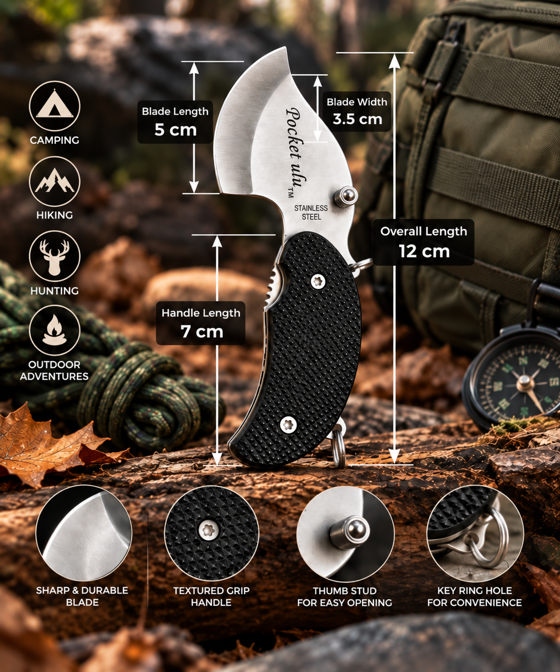 Bisonberg| Stainless-Steel Pocket Folding  Knife | Compact EDC Camping & Outdoor Utility Knife