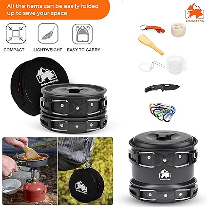 BISONBERG 8 Pcs Camping Cookware Set, Mess Kit, Camping Accessories for Outdoor, Camping Utensils with Carry Bag, Camping Bowl Pot Pan Set - Nonstick Aluminum - for 2 People image 2