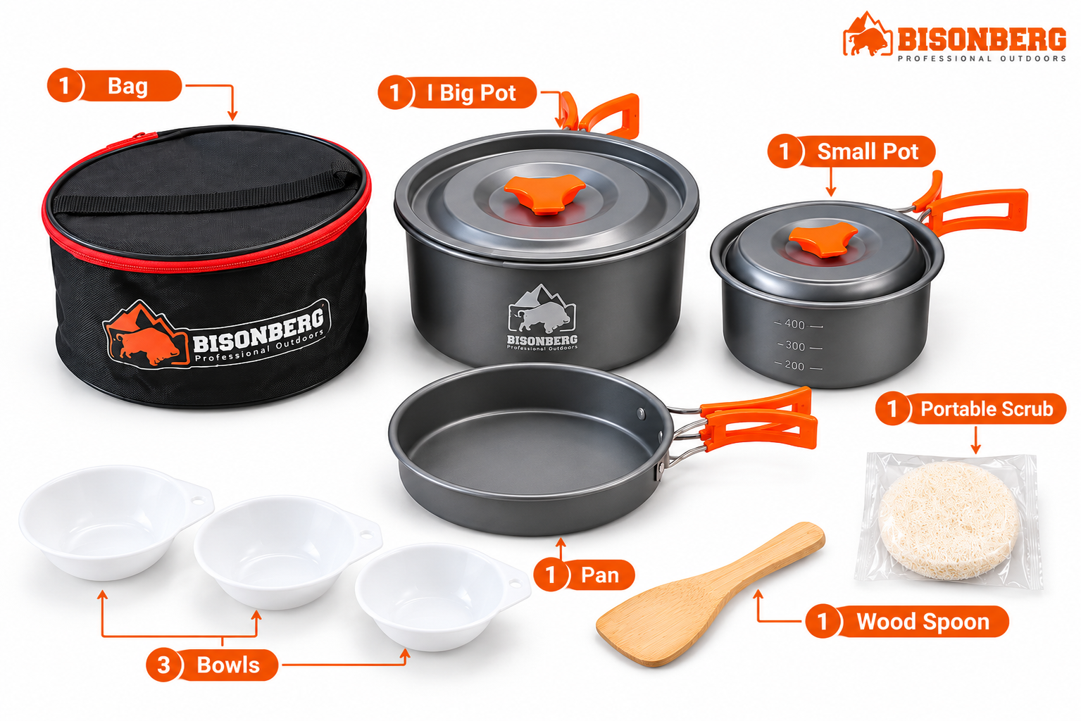 BISONBERG BB-300 Premium | 3-4 Person Camping Cookware Set – Portable Outdoor Cooking Kit with Pots, Pan, Bowl,Spoon & Carry Bag