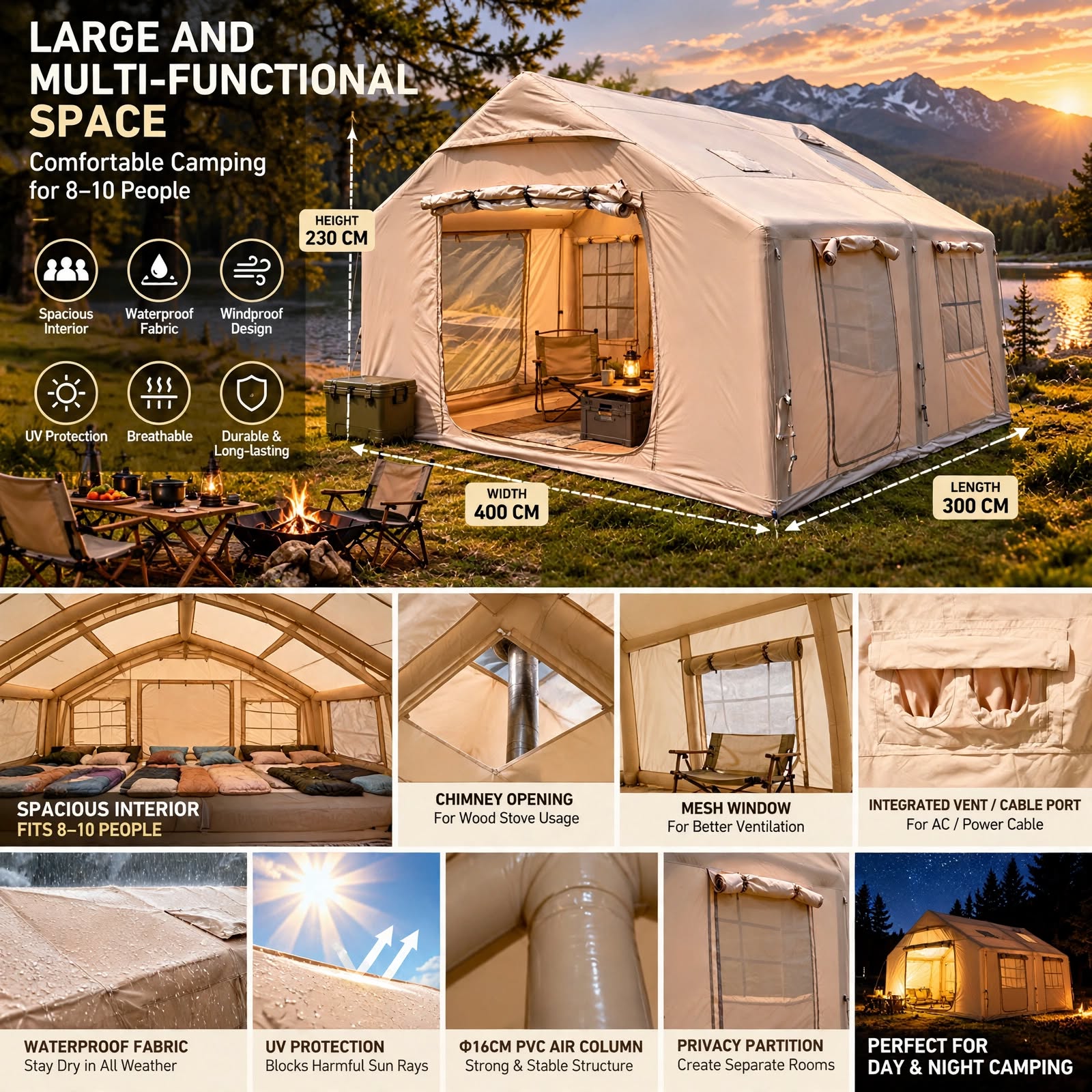 Bisonberg| Premium -Inflatable Camping a Air Tent – Waterproof Large Outdoor Family Shelter|Spacious Canvas Camping Tent with Large Awning Outdoor &  Adventure