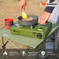 BISONBERG Stainless Steel Camp Gas Stove with Carrying Case for Camping Hiking Portable -Green Color image 3