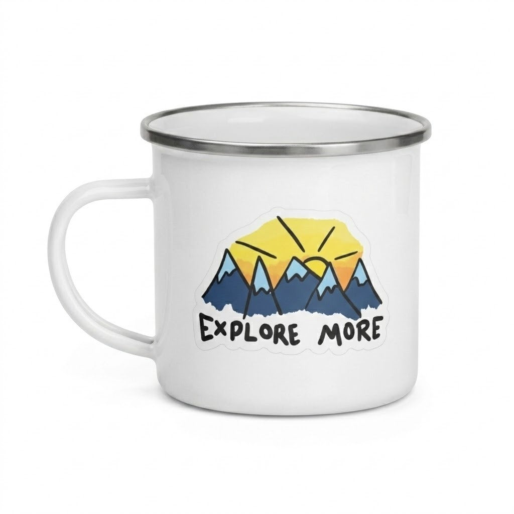 Camping Enamel Mug – “Explore More” Mountain Design Coffee Cup | Lightweight Outdoor Travel Mug for Camping & Trekking image 0
