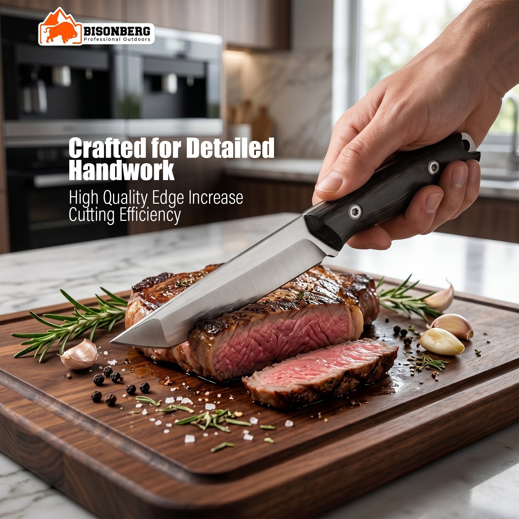 Bisonberg Fixed Blade Bushcraft Knife with Leather Sheath | Stainless Steel Camping & Outdoor Utility Knife