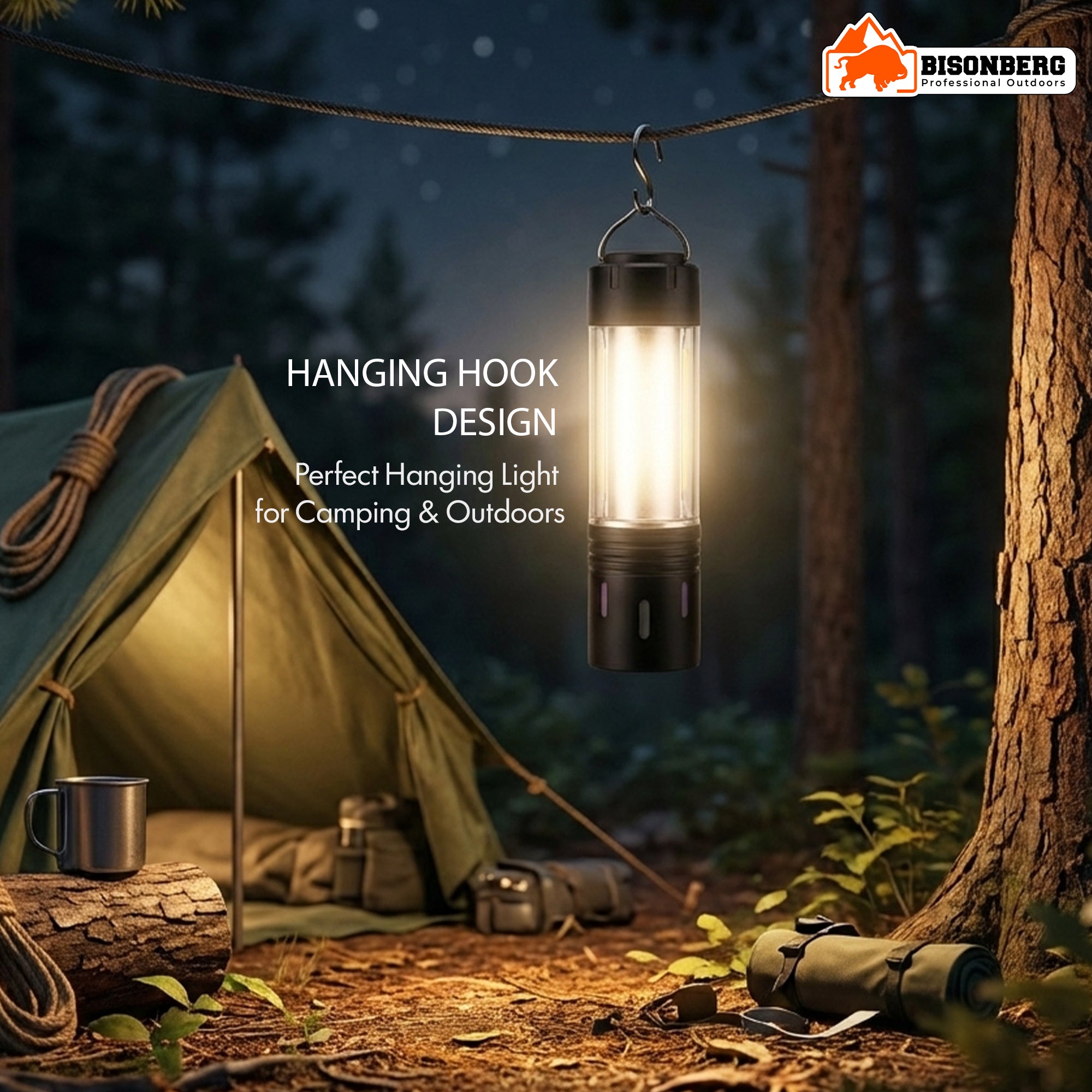 Bisonberg Rechargeable Camping Lantern & Flashlight with COB LED, Type-C Charging, Zoom & Hanging Hook image 5