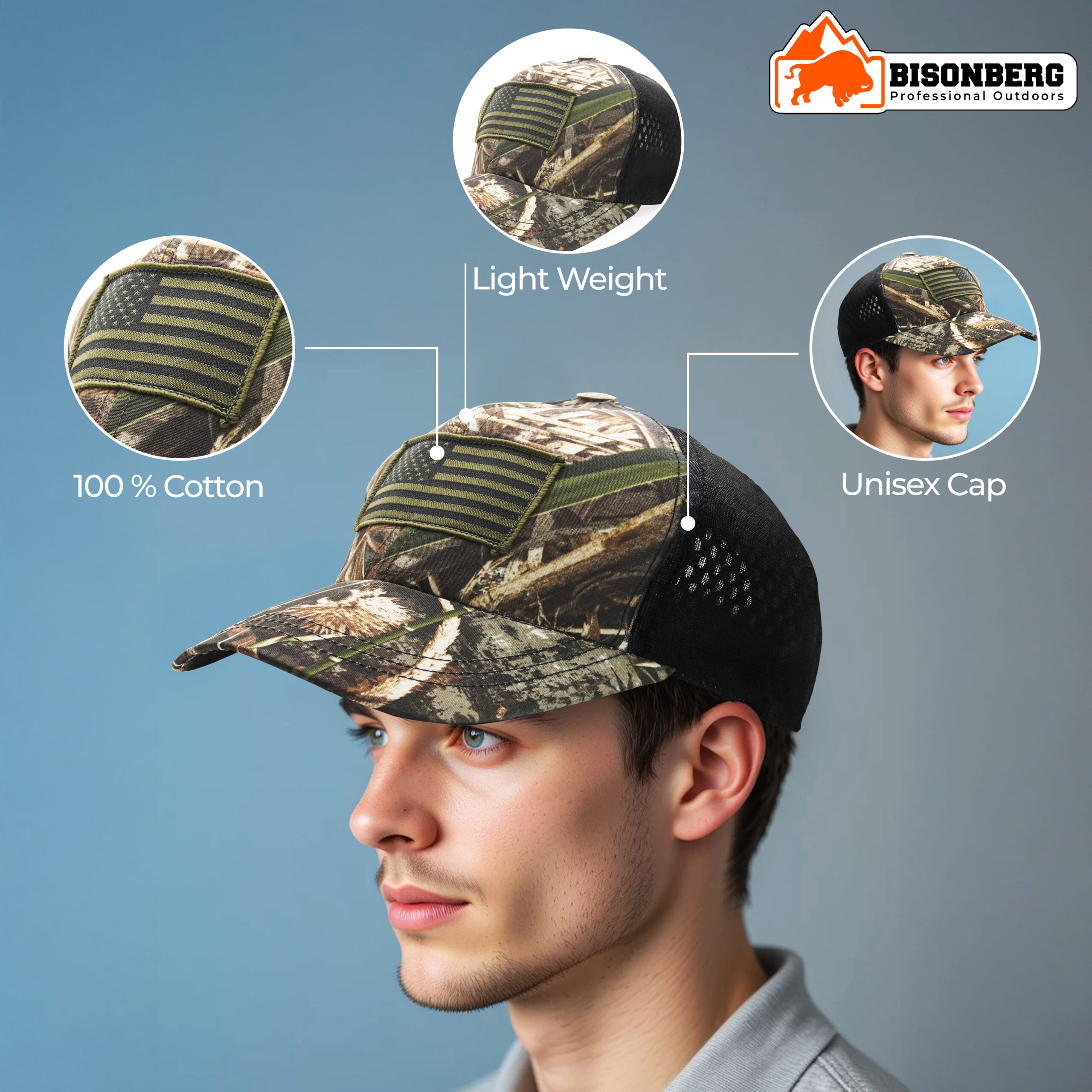 BisonBerg Tactical Camo Trucker Hat – American Flag Patch, Mesh Back, Adjustable Fit image 4