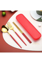 Premium Stainless Steel 3 Piece Set - Spoon, Fork, Chopsticks - Gold & Red Gift Set with Gift Box image 2