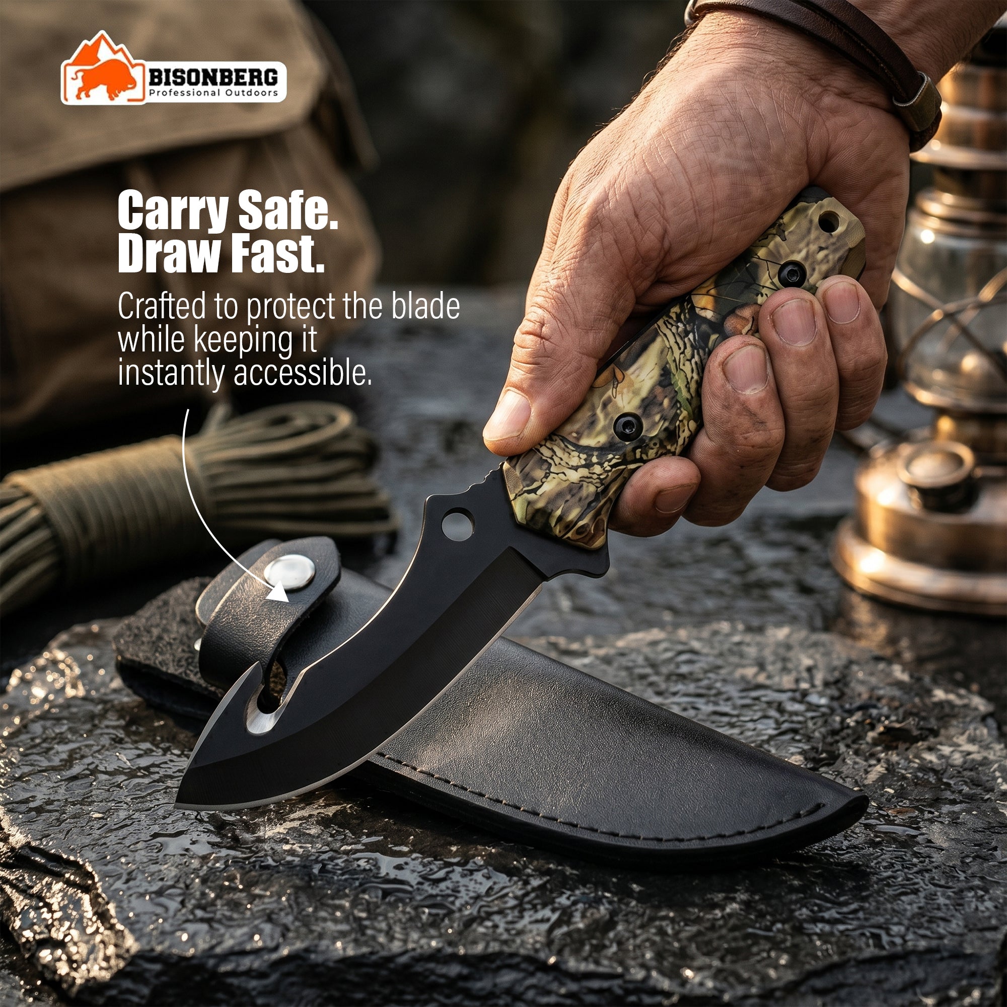 Bisonberg Tactical Fixed Blade Hunting Knife with Sheath | Outdoor Camping & Survival Knife