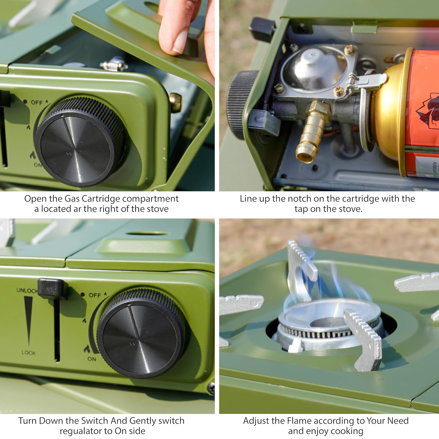 BISONBERG Stainless Steel Camp Gas Stove with Carrying Case for Camping Hiking Portable -Green Color image 4