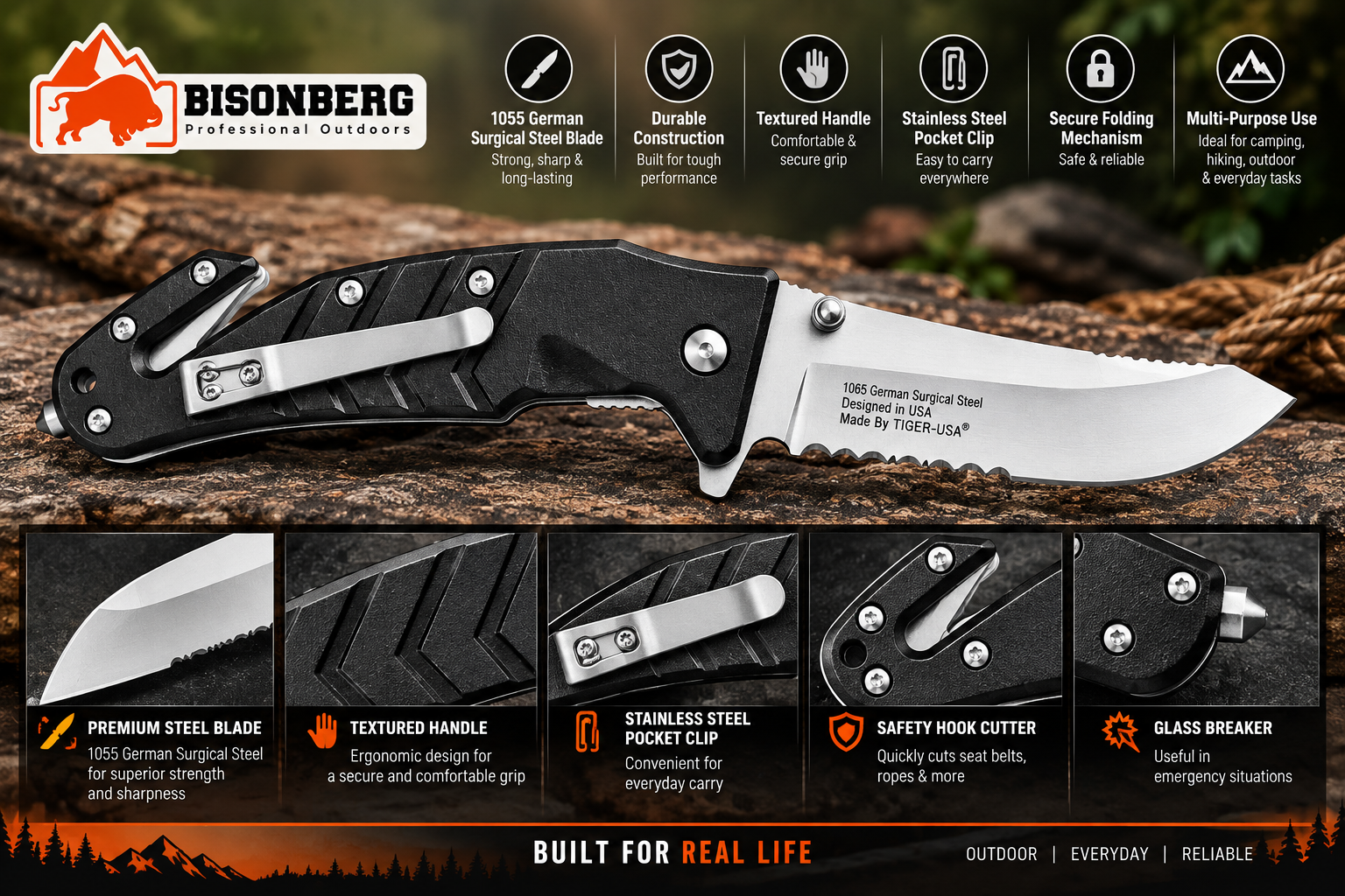 BISONBERG|Premium Rescue Folding  Pocket knife for camping,hiking, and outdoor Camping