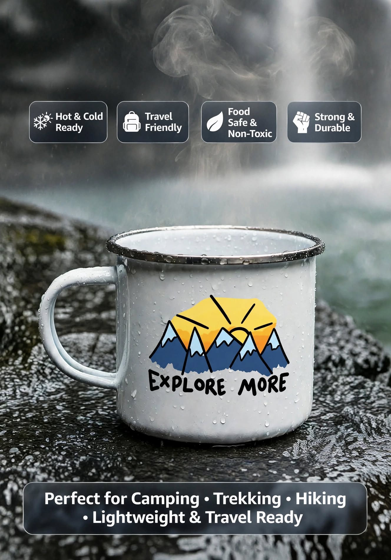 Camping Enamel Mug 300ml – “Explore More” Mountain Design Coffee Cup | Lightweight Outdoor Travel Mug for Camping & Trekking