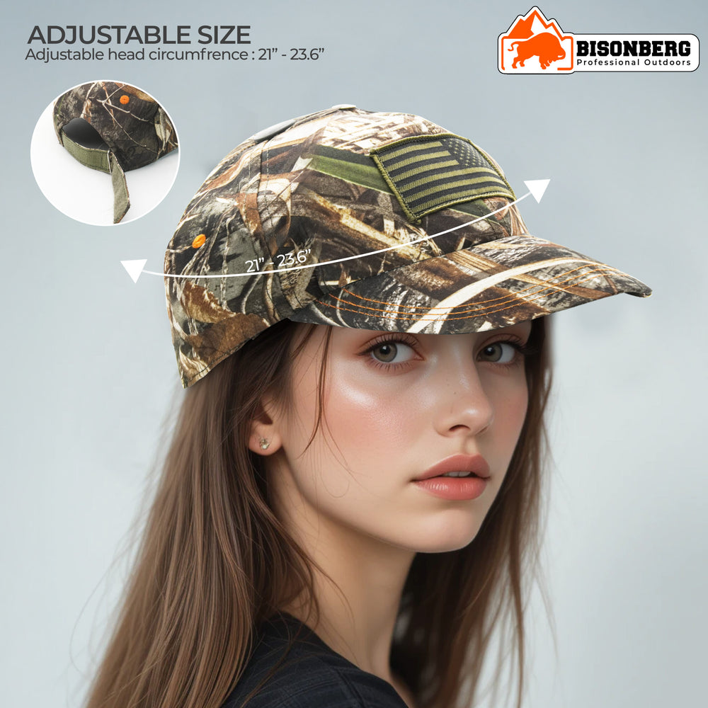 BisonBerg Camo Hunting Cap – American Flag Patch, Blaze Orange Accent, Adjustable Fit image 1