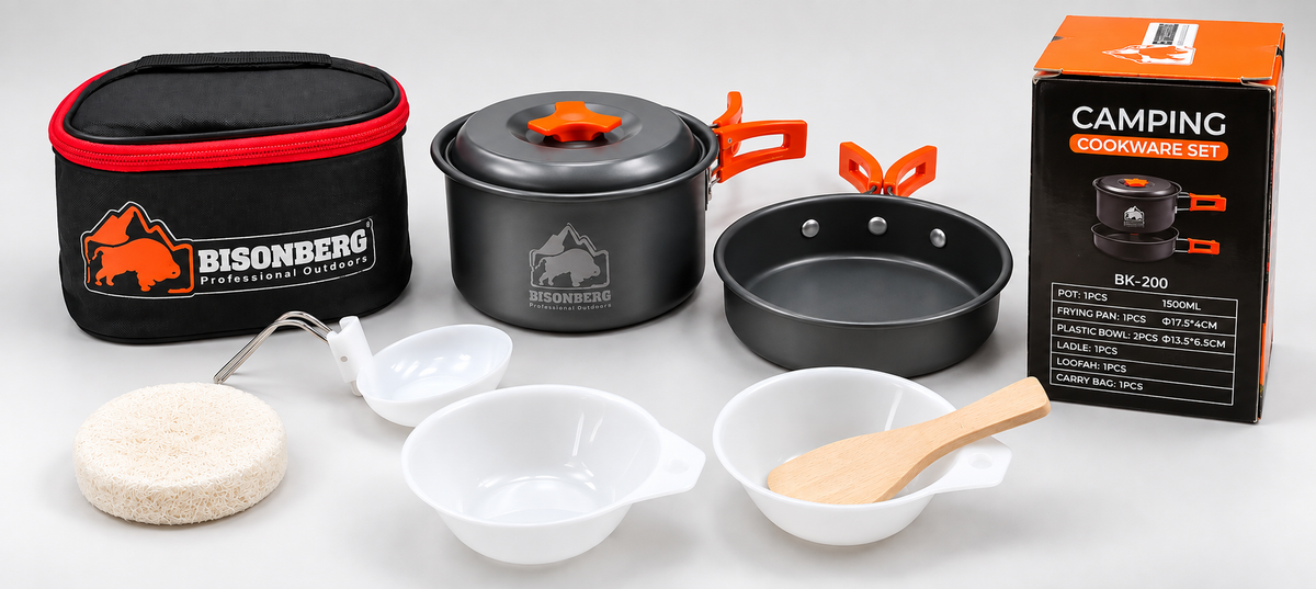 BISONBERG BB-200 Premium | 2-3 Person Camping Cookware Set – Portable Outdoor Cooking Kit with Pots, Pan, Bowl,Spoon & Carry Bag