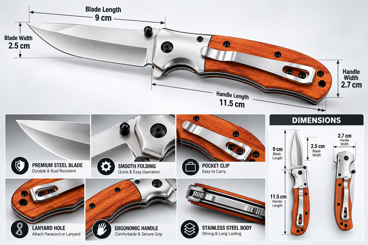 Premium Stainless Steel Folding Camping & Outdoor Knife – Wooden Handle & Pocket Clip Daily Utility