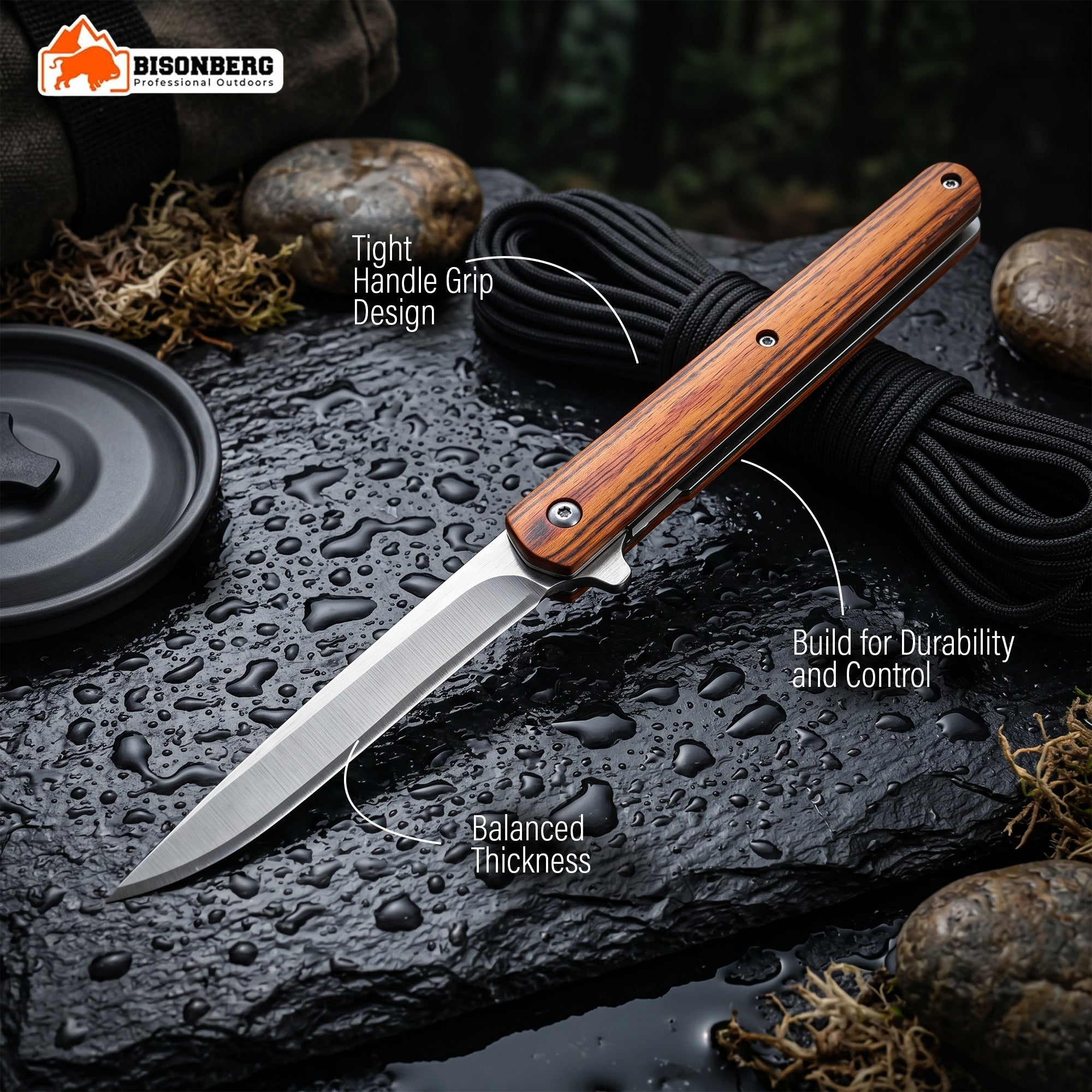 Bisonberg Folding Pocket Knife with Leather Sheath | Stainless Steel EDC Camping & Outdoor Knife (8.5 Inch)