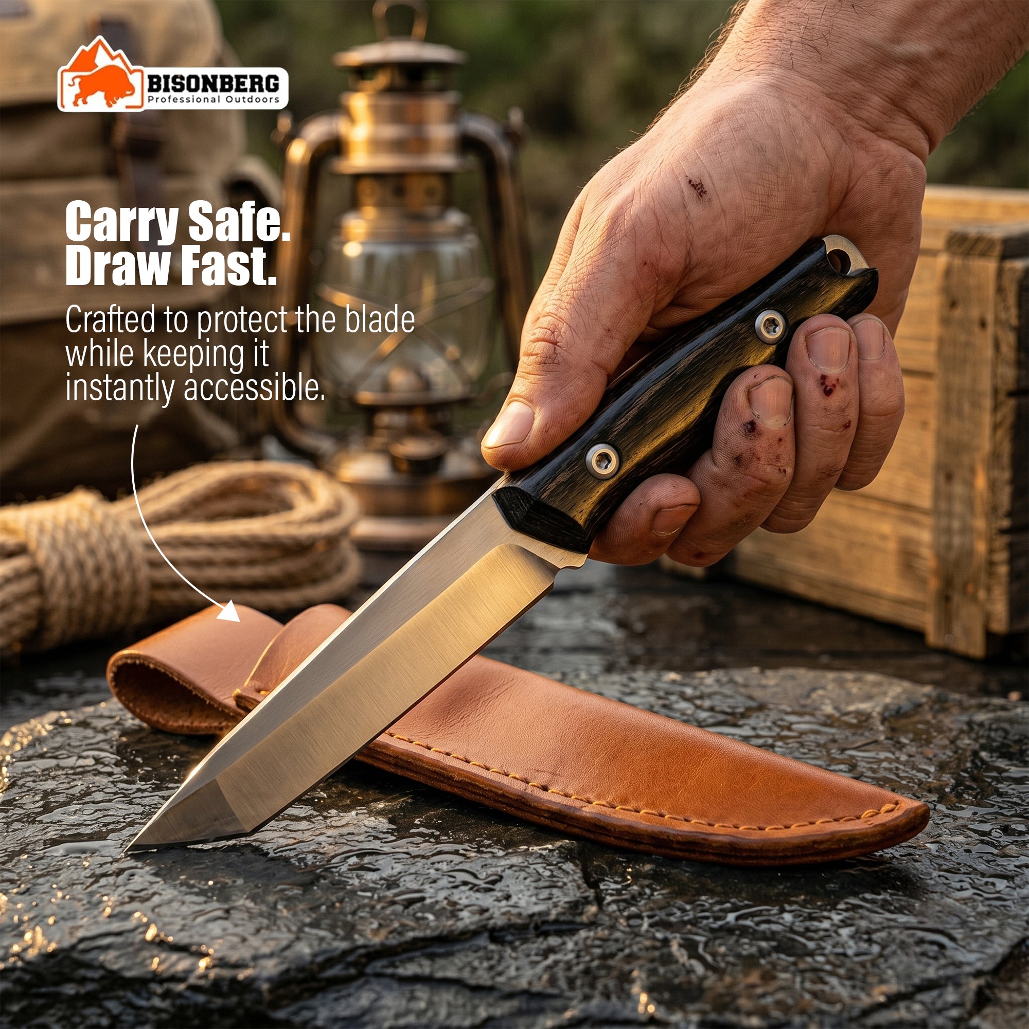 Bisonberg Fixed Blade Bushcraft Knife with Leather Sheath | Stainless Steel Camping & Outdoor Utility Knife