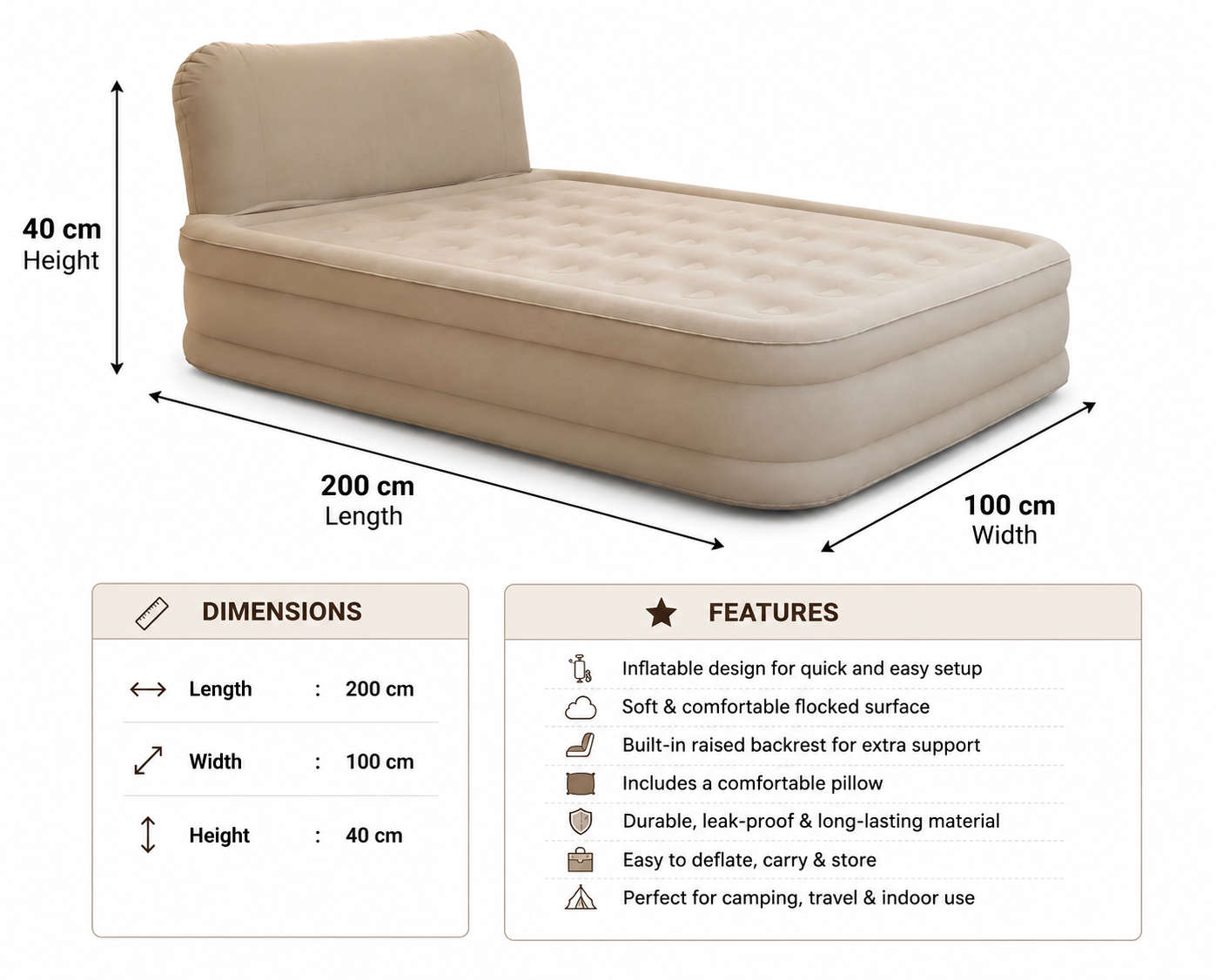 BISONBERG PREMIUM INFLATABLE AIR-BED/ WITH BUILT-IN AIR- PUMP AND BACKREST|DESIGNED FOR ULTIMATE COMFORT