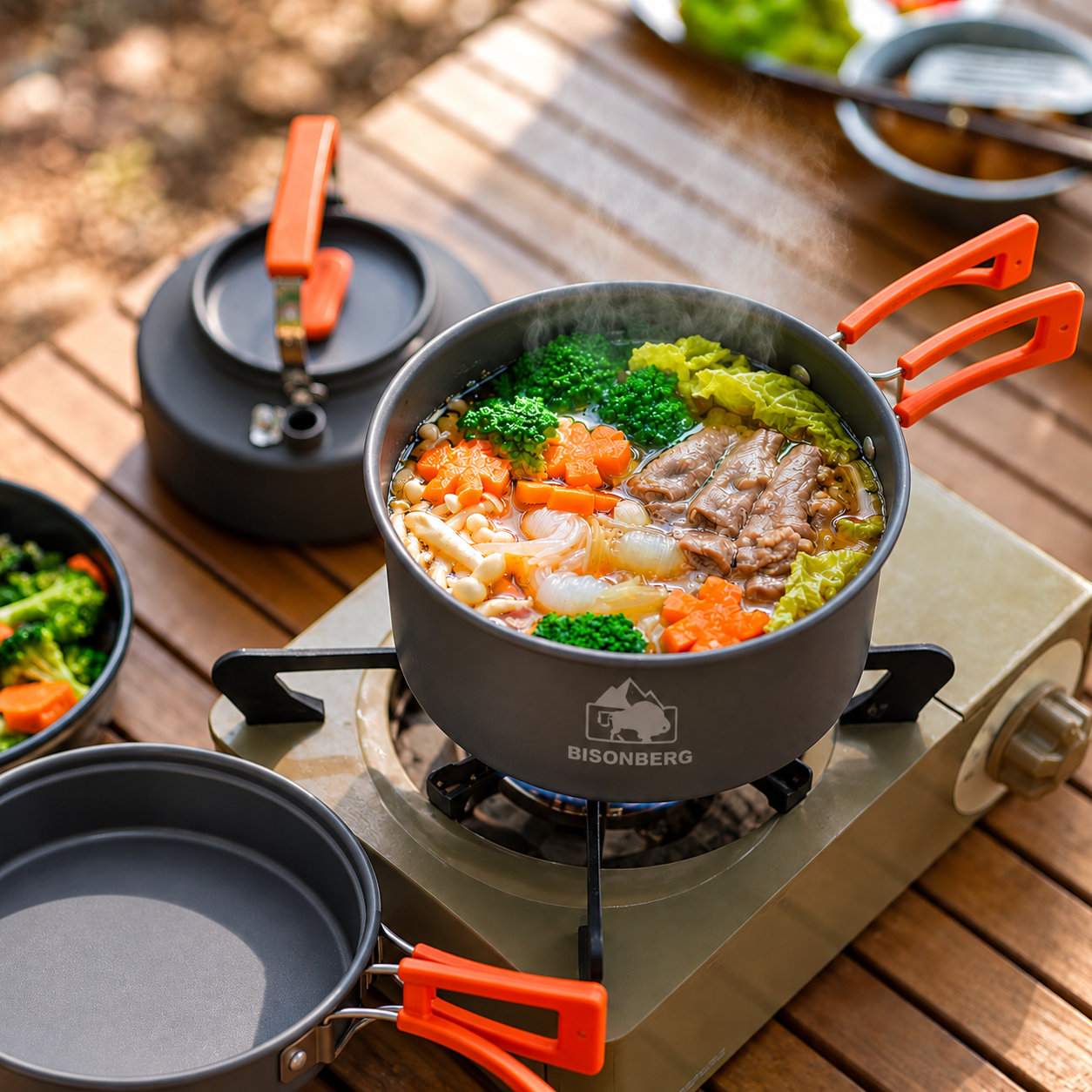 BISONBERG BB-308 Premium |3-4 Person Camping Cookware Set – Portable Outdoor Cooking Kit with Pots, Pan, Kettle & Carry Bag