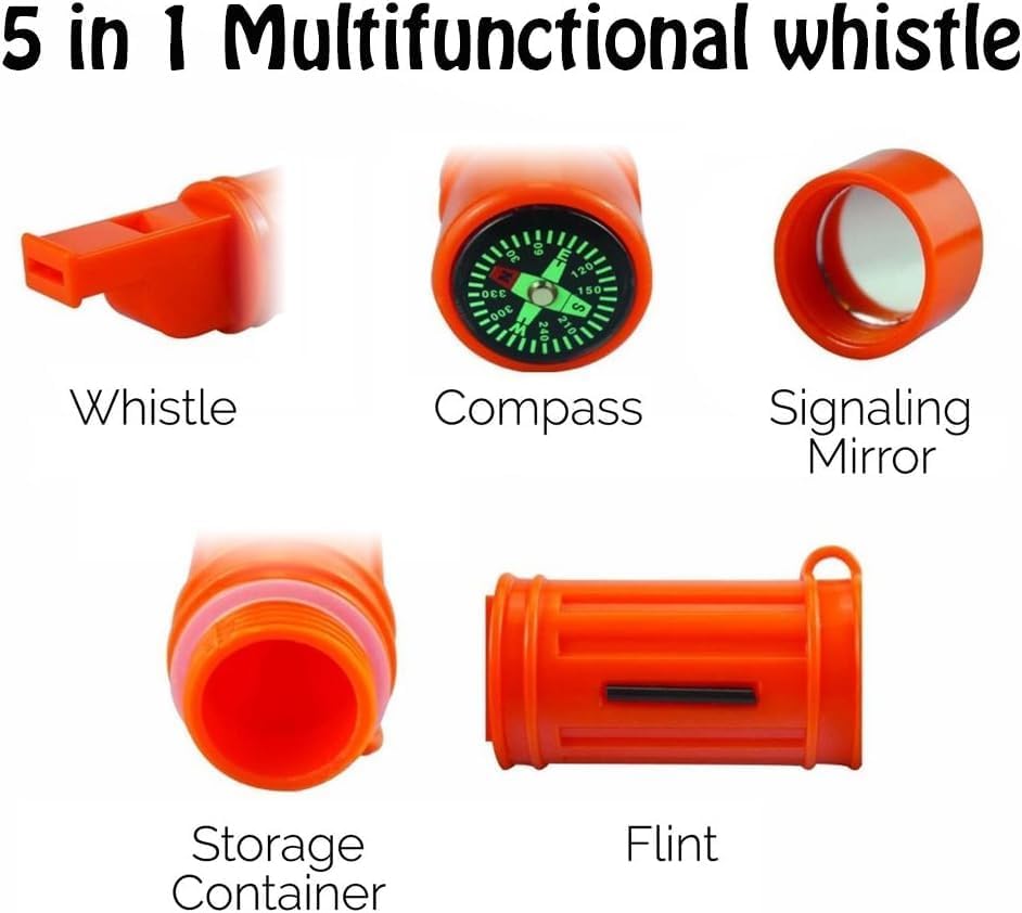 Emergency Survival Whistle Set - 5-in-1 Safety Kit with Compass, Flint, Waterproof Storage - Essential Outdoor Gear for Camping, Hiking, and Adventures (Orange) image 6