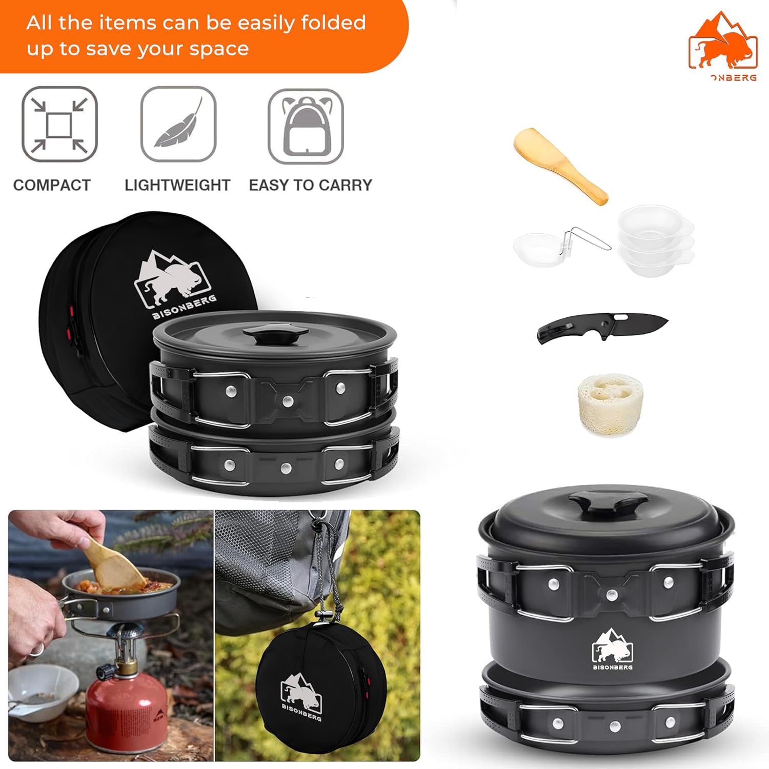 11 Pcs Camping Cookware Set, Mess Kit, Camping Accessories for Outdoor, Camping Utensils with Carry Bag, Camping Bowl Pot Pan Set - Nonstick Aluminum - for 3 People Without Kettle image 6