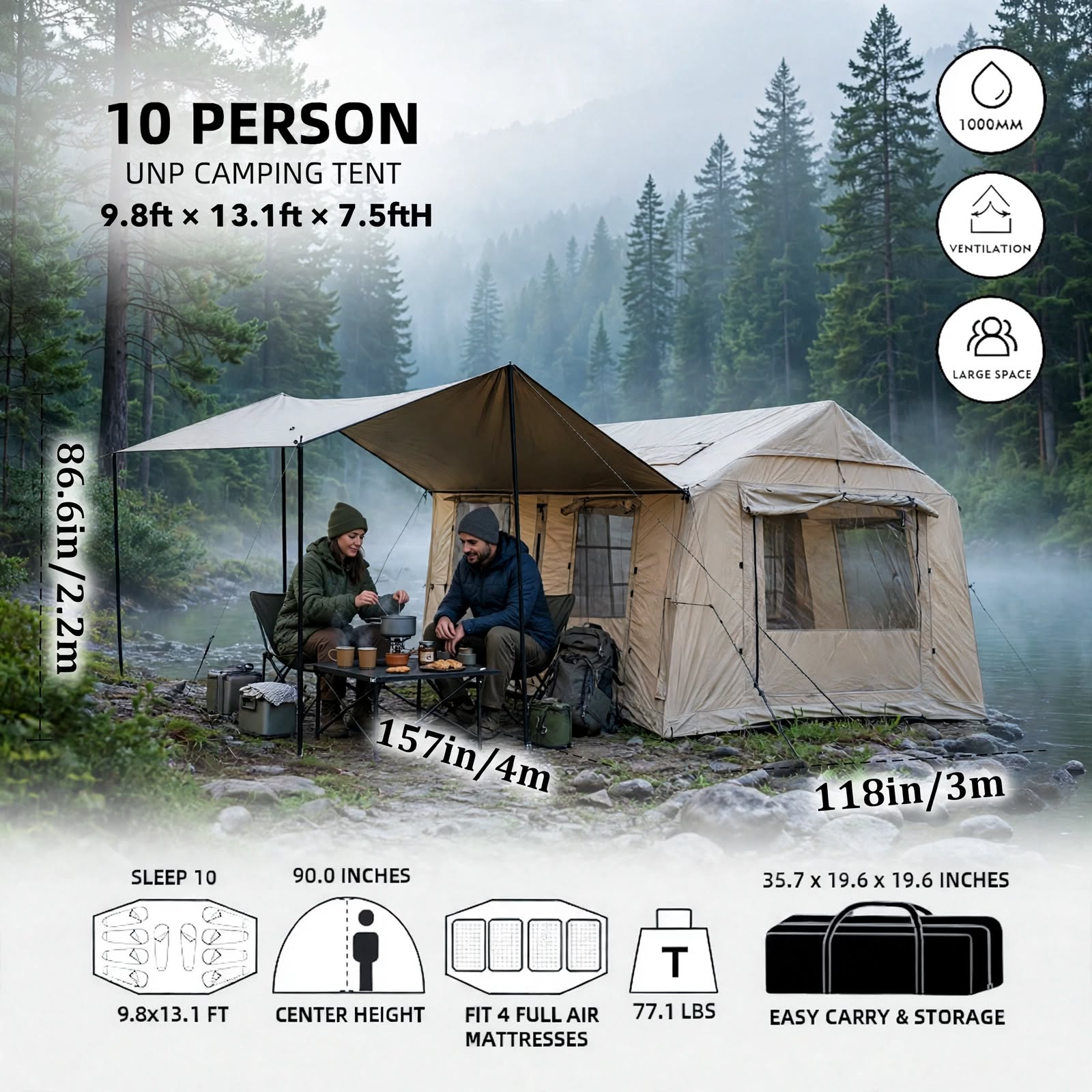 Bisonberg| Premium -Inflatable Camping a Air Tent – Waterproof Large Outdoor Family Shelter|Spacious Canvas Camping Tent with Large Awning Outdoor &  Adventure
