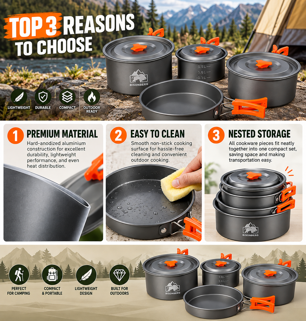 BISONBERG BB-500 Premium |4-5 Person Camping Cookware Set – Portable Outdoor Cooking Kit with Pots, Pan, Bowl,Plate,Spoon & Carry Bag