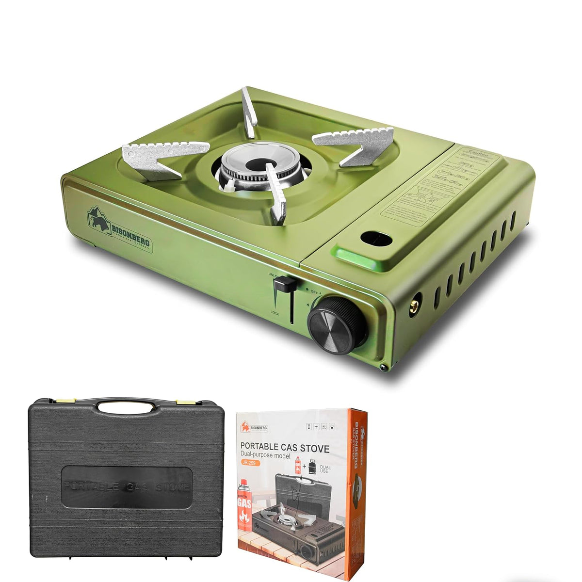 BISONBERG Stainless Steel Camp Gas Stove with Carrying Case for Camping Hiking Portable -Green Color image 0
