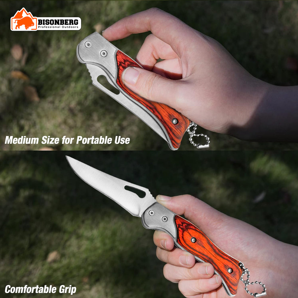 Bisonberg Premium Folding Pocket Knife with Stainless Steel Blade and Polished Wooden Handle – Compact EDC Tool with Keychain Loop image 5