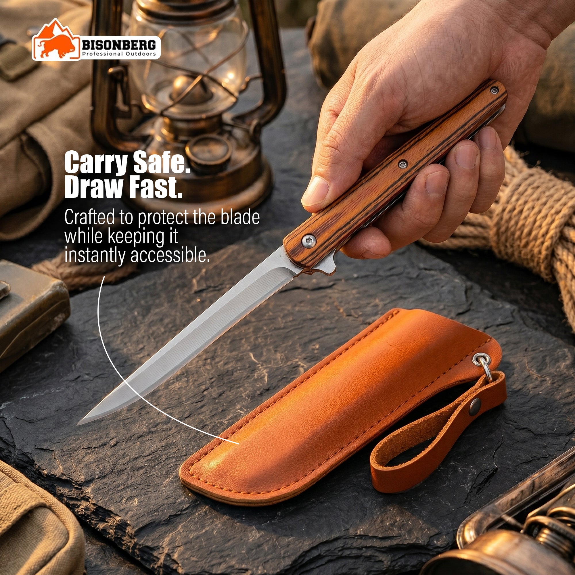 Bisonberg Folding Pocket Knife with Leather Sheath | Stainless Steel EDC Camping & Outdoor Knife (8.5 Inch)