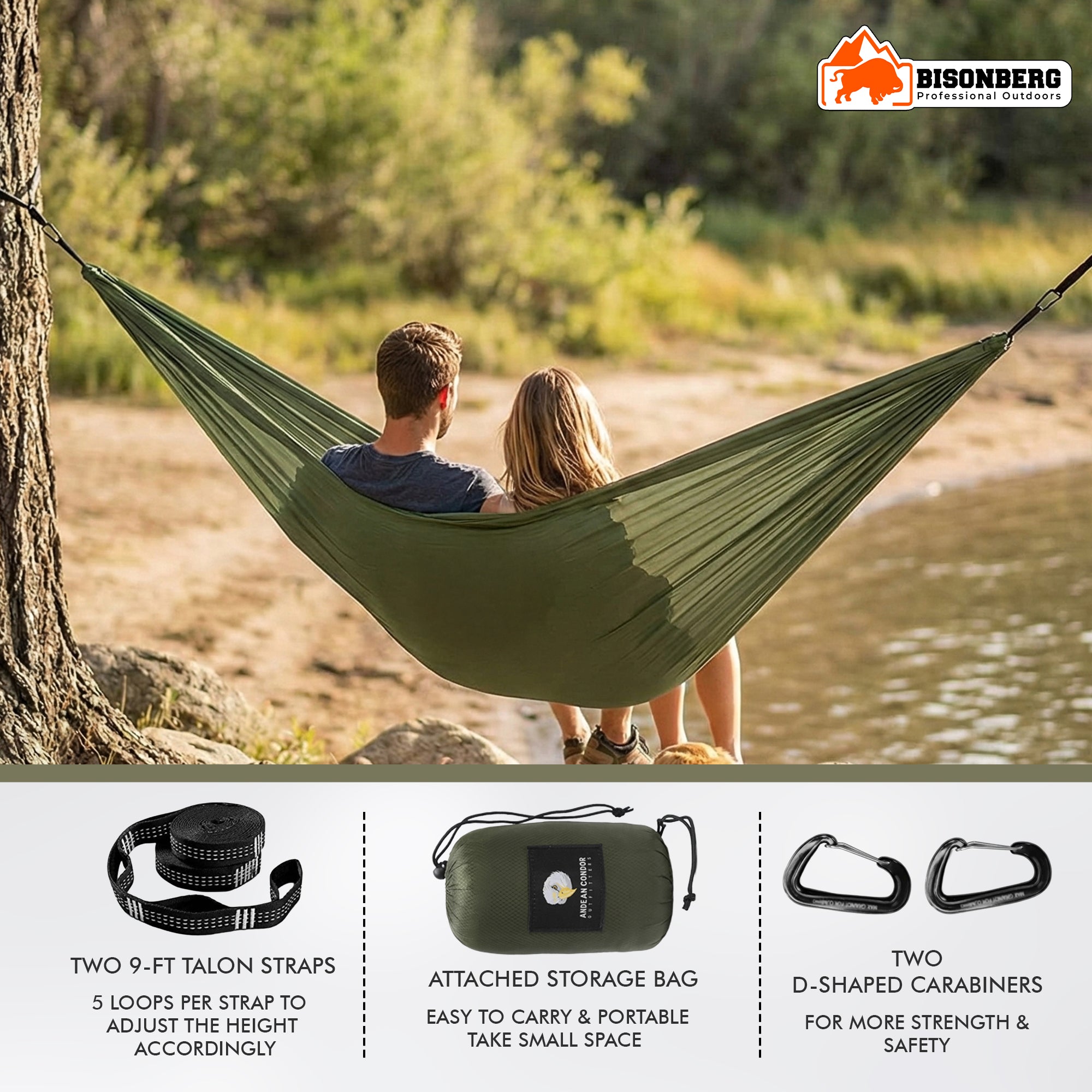 Outdoor Camping Hammock with Straps & Carabiners – Portable Lightweight Hammock image 3