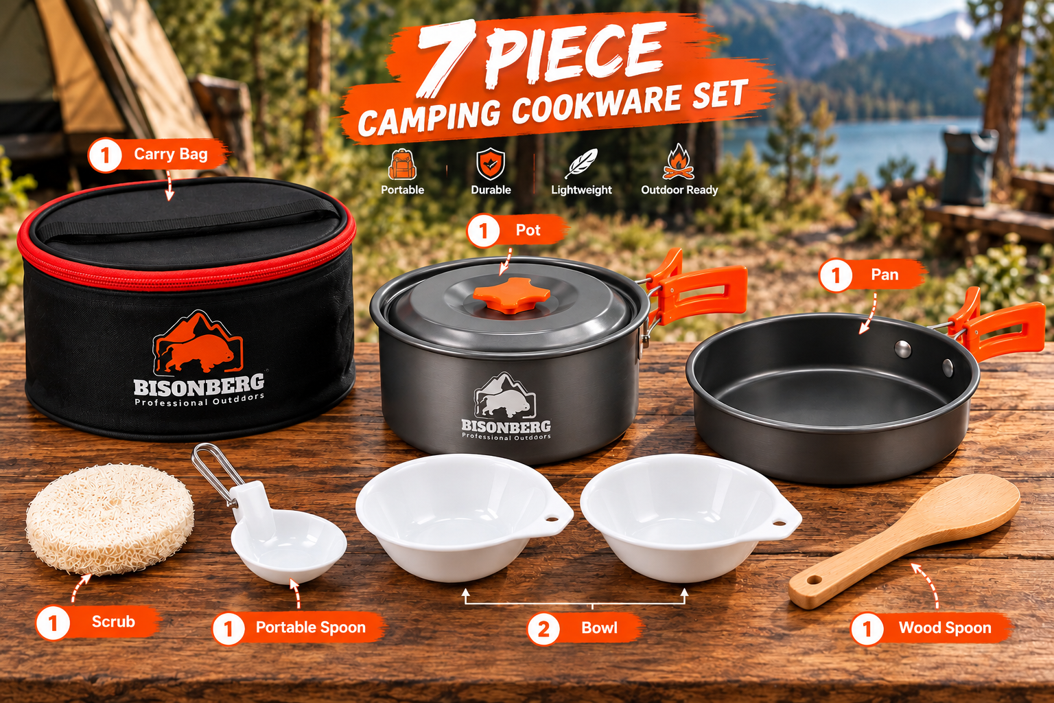 BISONBERG BB-200 Premium | 2-3 Person Camping Cookware Set – Portable Outdoor Cooking Kit with Pots, Pan, Bowl,Spoon & Carry Bag