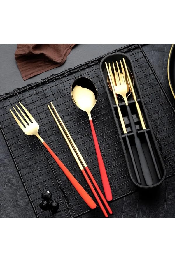 Premium Stainless Steel 3 Piece Set - Spoon, Fork, Chopsticks - Gold & Red Gift Set with Gift Box image 1