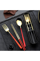 Premium Stainless Steel 3 Piece Set - Spoon, Fork, Chopsticks - Gold & Red Gift Set with Gift Box image 1