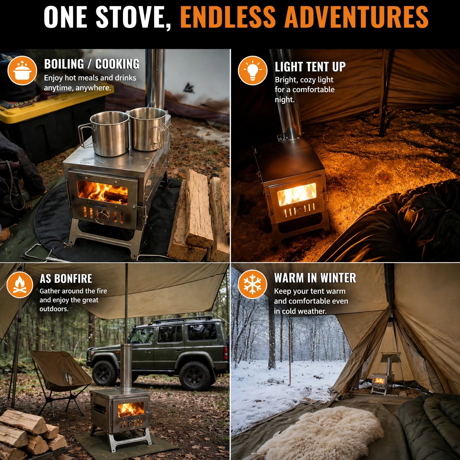Bisonberg TA1 Titanium Wood Burning Camping Stove with Chimney Pipe – Portable Tent Stove with 10.5L Firebox, 1 Glass Viewing Windows & Foldable Cooking Racks