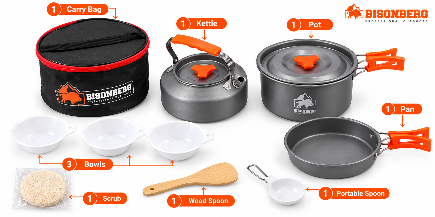 BISONBERG BB-308 Premium |3-4 Person Camping Cookware Set – Portable Outdoor Cooking Kit with Pots, Pan, Kettle & Carry Bag