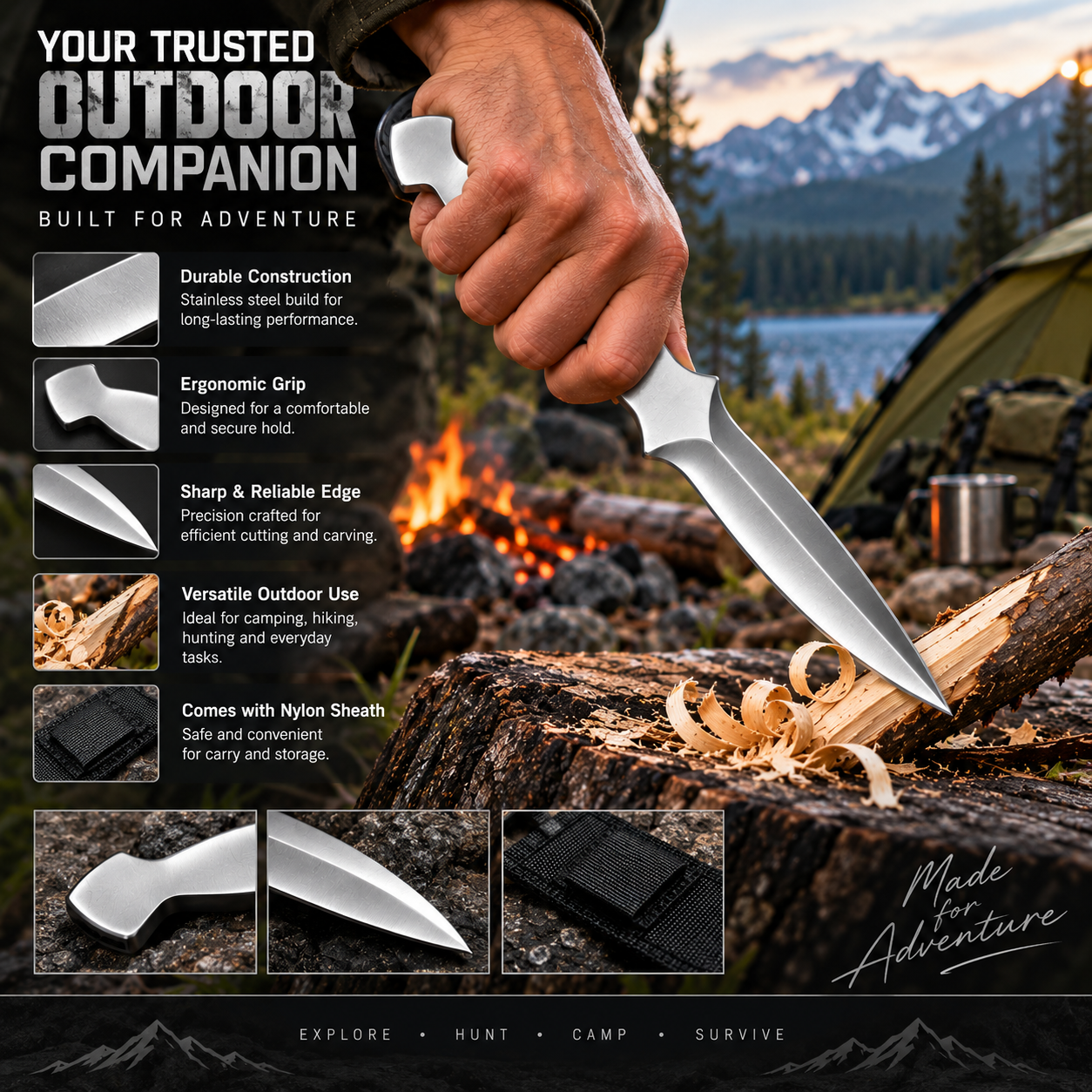 Biosnberg|PROFESSIONAL TACTICAL STAINLESS STELL FIXED BLADE ,OUTDOOR & CAMPING KNIFE