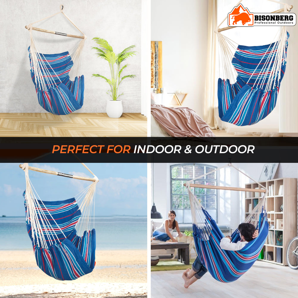 Bisonberg Premium Cotton Hammock Swing Chair for Indoor & Outdoor – Blue Striped Design image 5