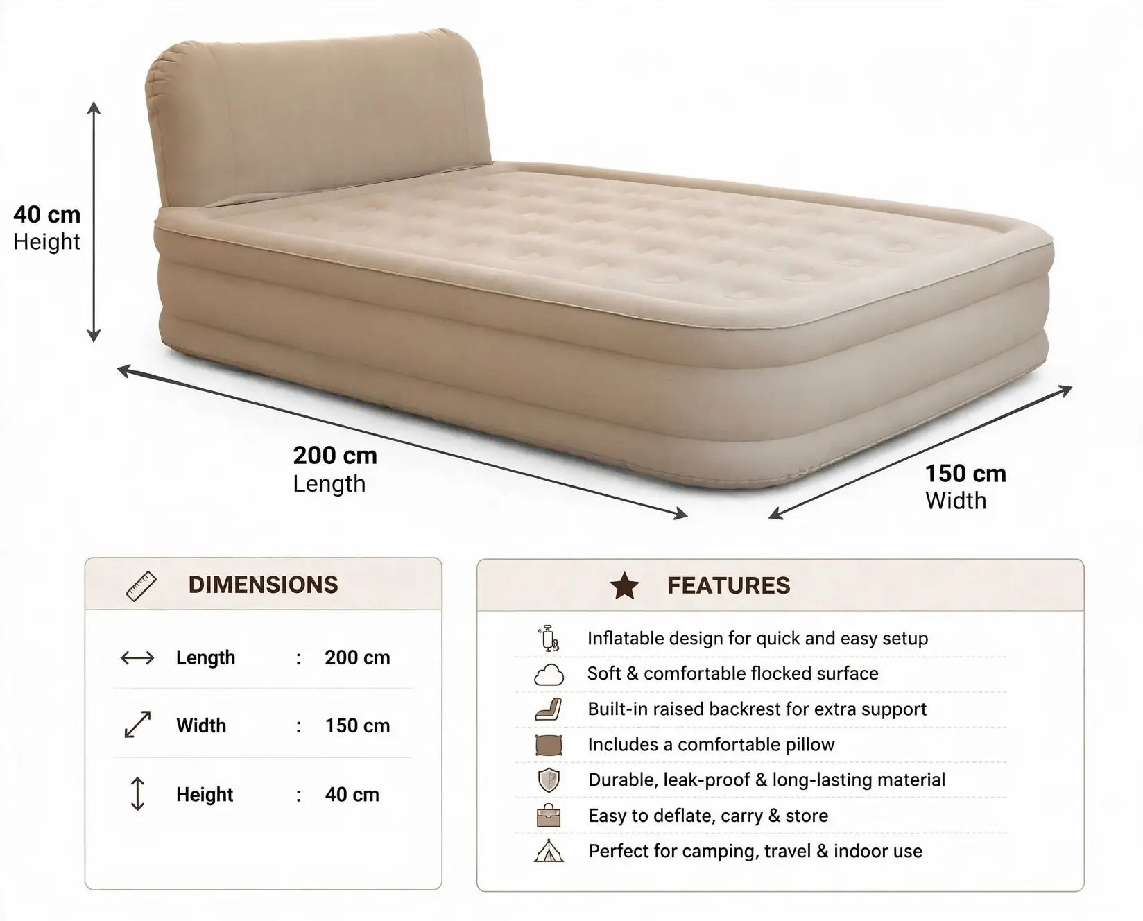 BISONBERG PREMIUM INFLATABLE AIR-BED/ WITH BUILT-IN AIR- PUMP AND BACKREST|DESIGNED FOR ULTIMATE COMFORT