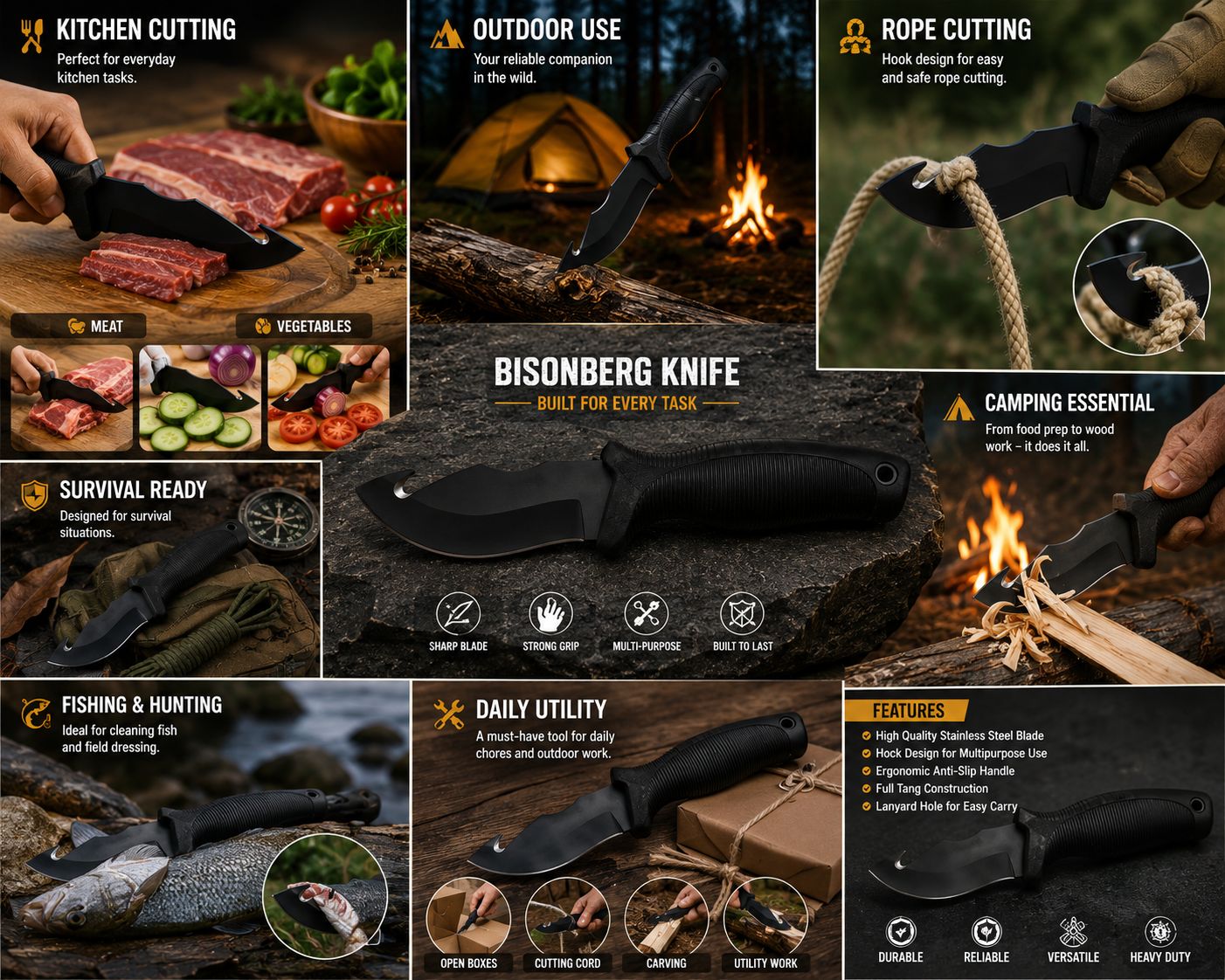 BISONBERG Fixed Blade Tactical Cut Hook Knife With Sheath| Heavy Duty Survival Knife For Camping,Hunting & Outdoor Use
