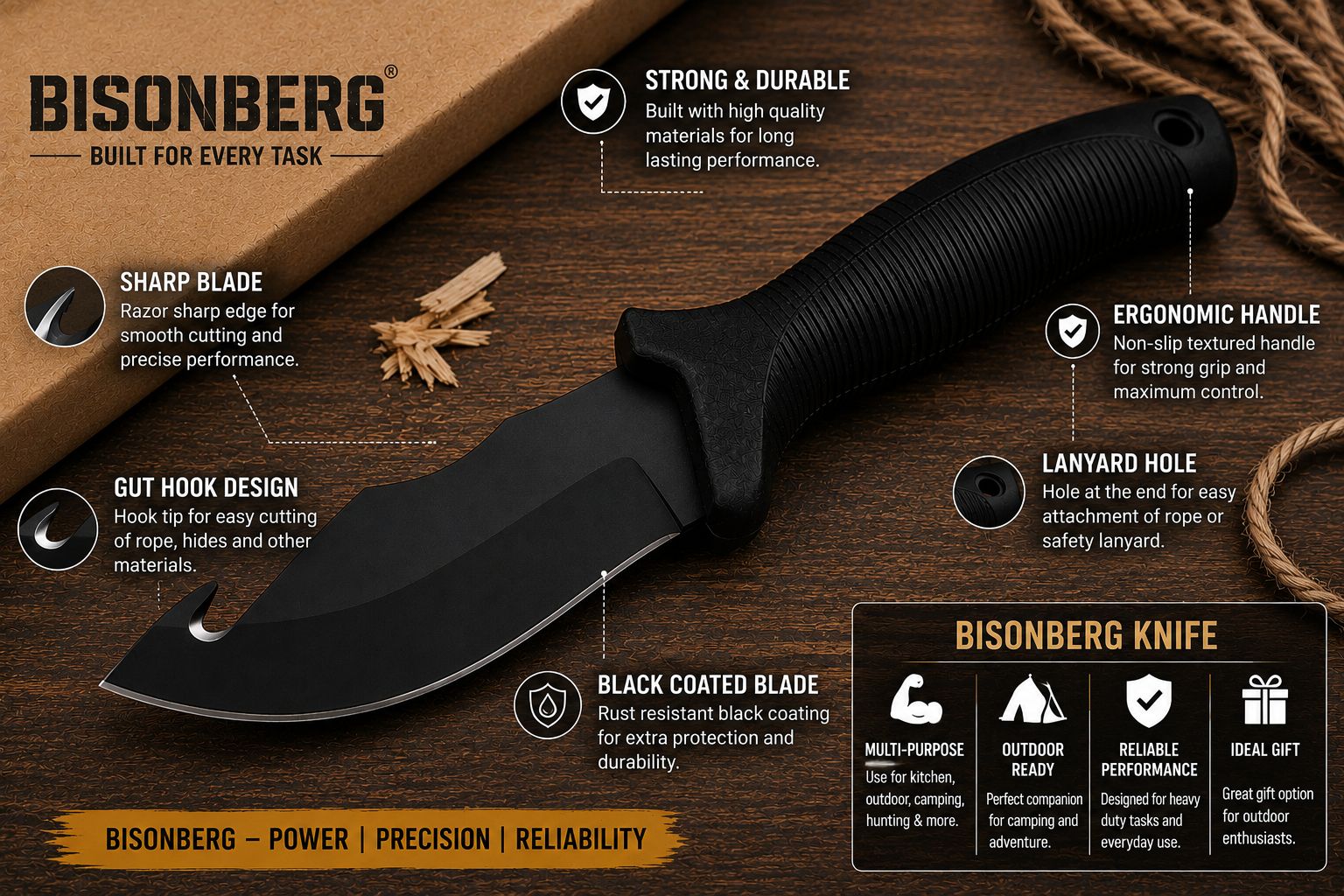 BISONBERG Fixed Blade Tactical Cut Hook Knife With Sheath| Heavy Duty Survival Knife For Camping,Hunting & Outdoor Use