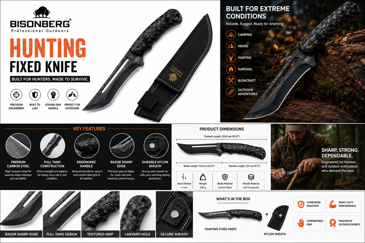 Bisonberg Fixed Blade  Meat Knife for Chopping, Dicing and Mincing, Professional Chef Blade for Home Knife with Sheath | Outdoor Camping & Survival Knife