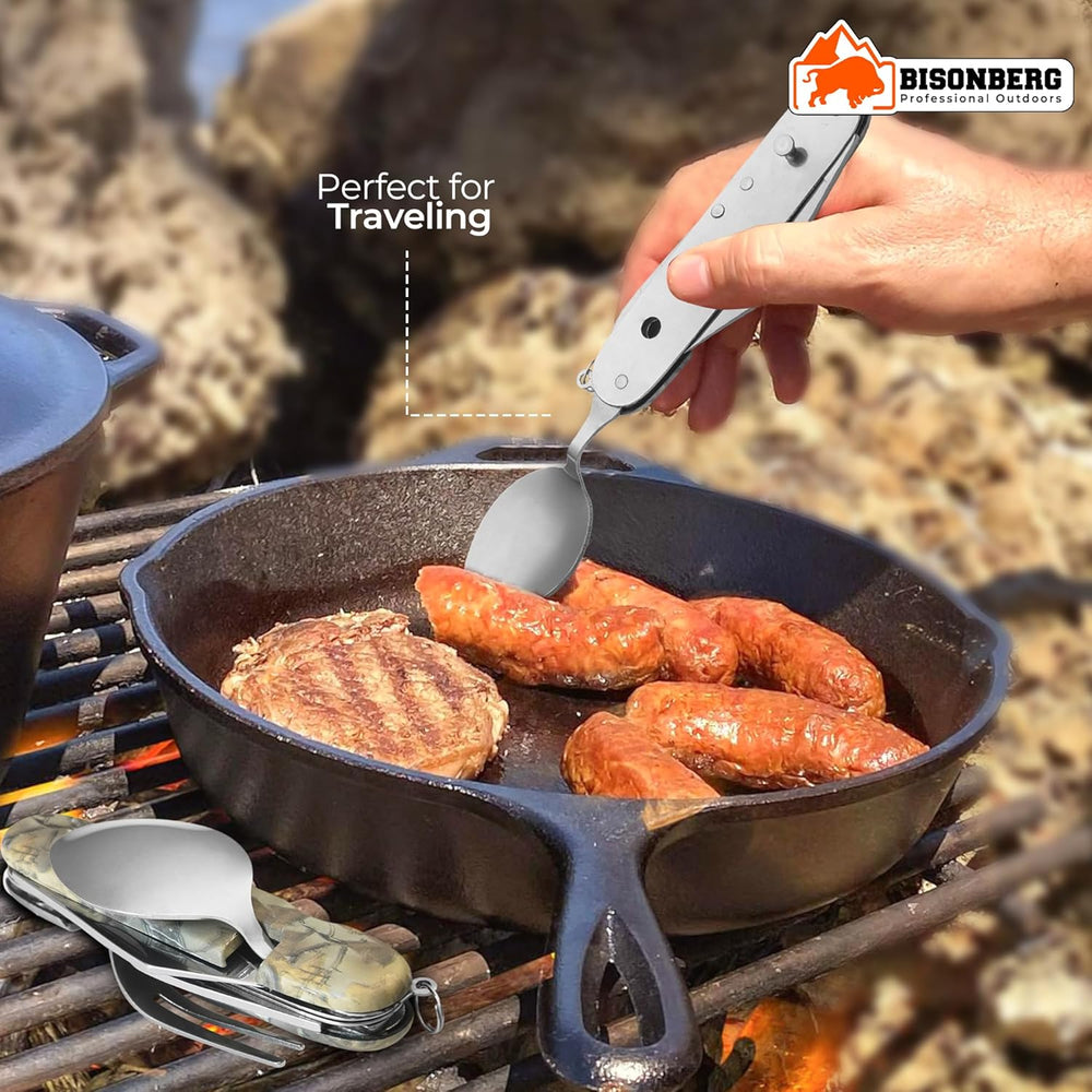 Camping Utensils, Portable Stainless Steel Spoon, Fork, Knife & Bottle Opener Combo Set - Travel, Backpacking Cutlery Multitool, Silver image 3