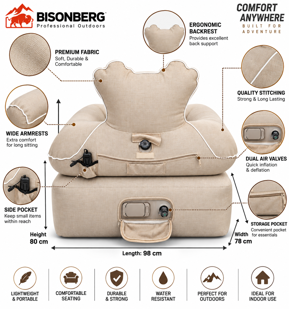 BISONBERG | Premium Inflatable Camping Air Sofa, Outdoor &  Indoor Camping Sofa with Back Armrest, Inflatable Couch Camping for Indoor, Outdoor, Party, Travel, Beach
