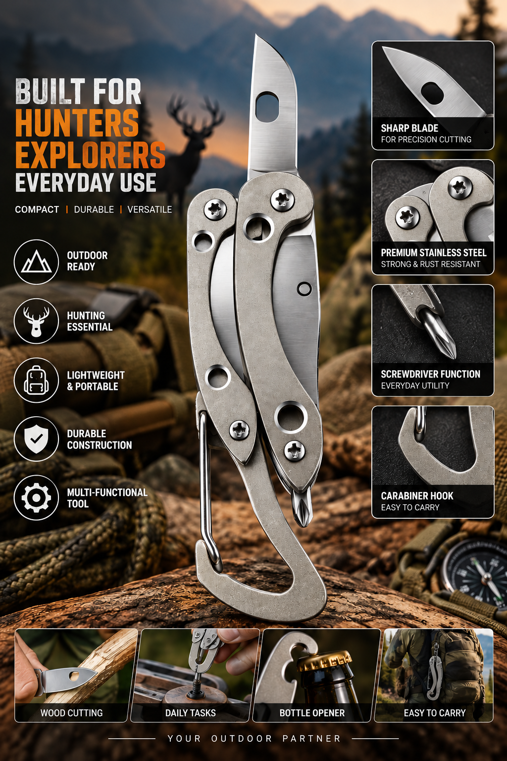 BISONBERG Premium Stainless Steel Compact Multi-Tool | Folding Utility Knife with Carabiner