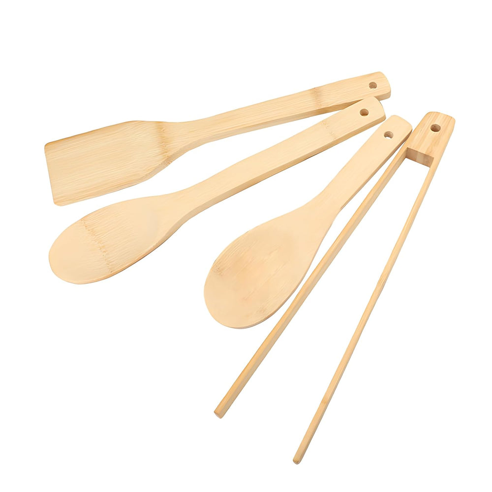 Natural Wooden Serving and Cooking Spoons Utensil Includes Frying Serving Spatula Dessert Rice Spoons Wooden for Nonstick Cookware Kitchen Utensils Set of 4-35.5 Cm image 0