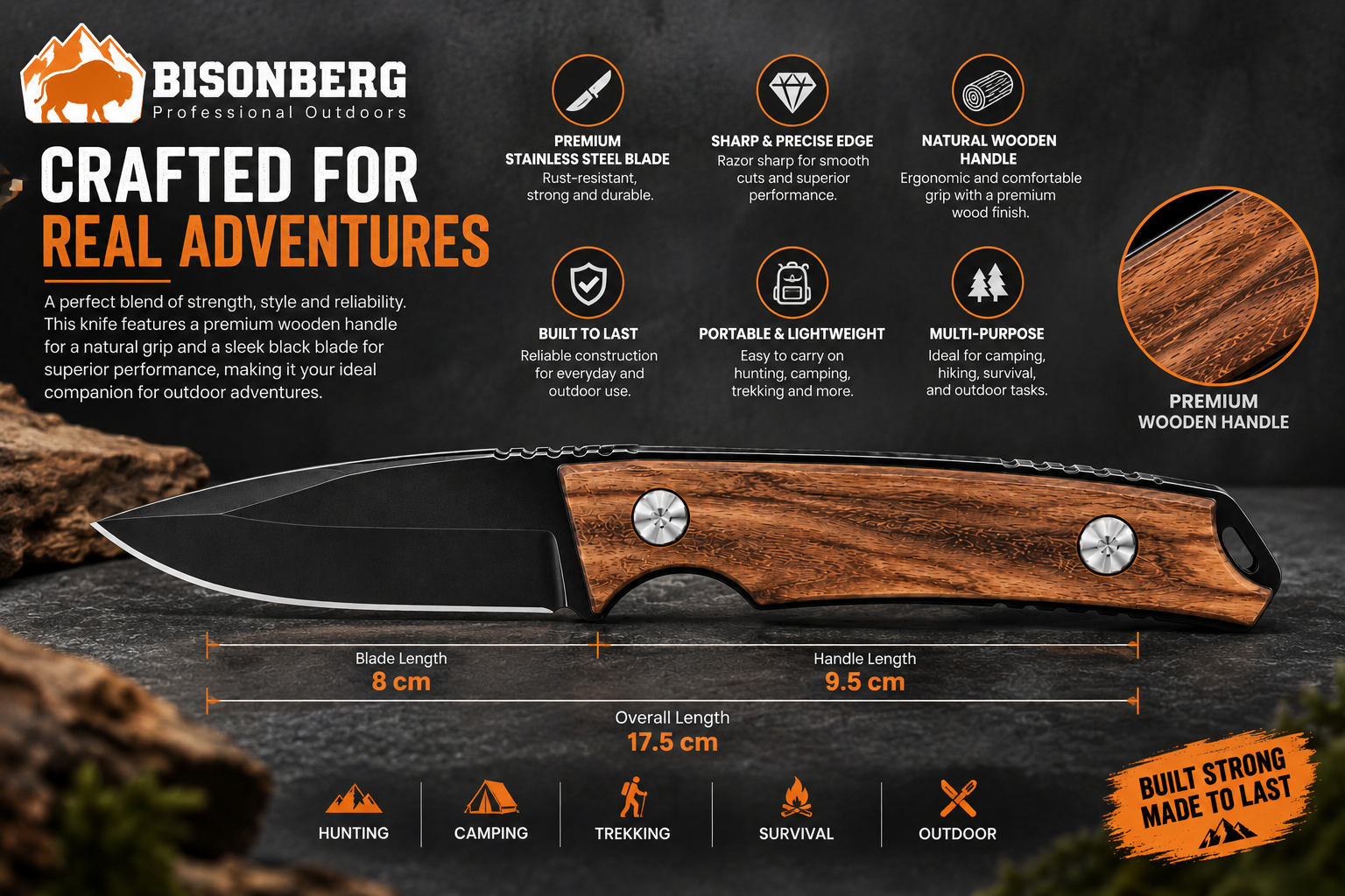 Bisonberg l Fixed Blade Wooden Handle Knife  | Outdoor Camping & Survival Knife