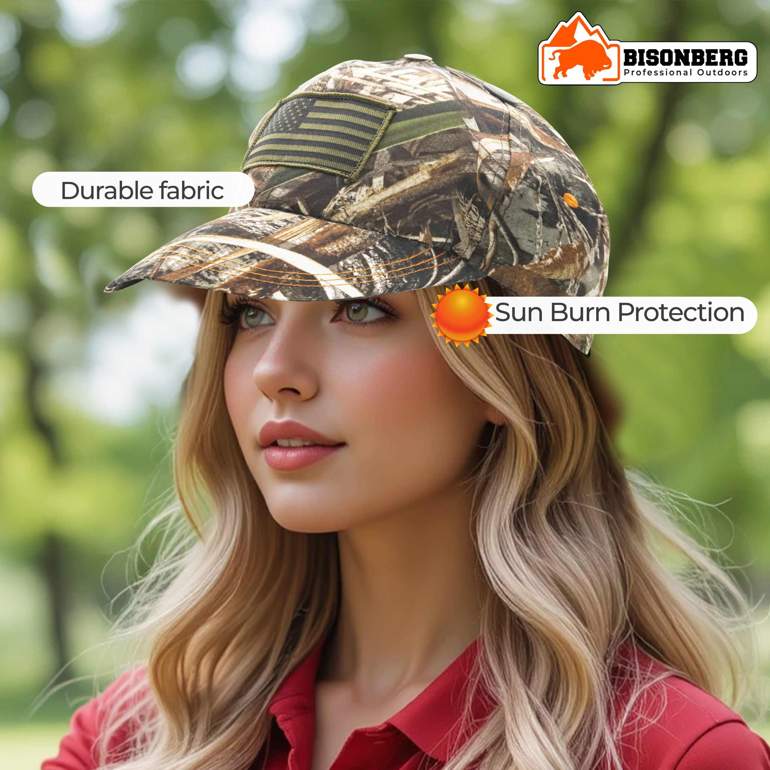 BisonBerg Camo Hunting Cap – American Flag Patch, Blaze Orange Accent, Adjustable Fit image 2