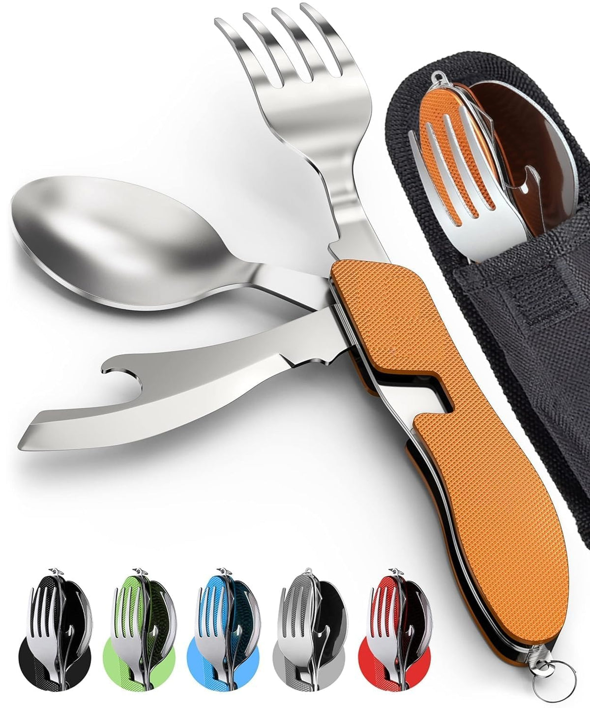 Camping Utensils, Portable Stainless Steel Spoon, Fork, Knife & Bottle Opener Combo Set - Travel, Backpacking Cutlery Multitool, Orange image 0
